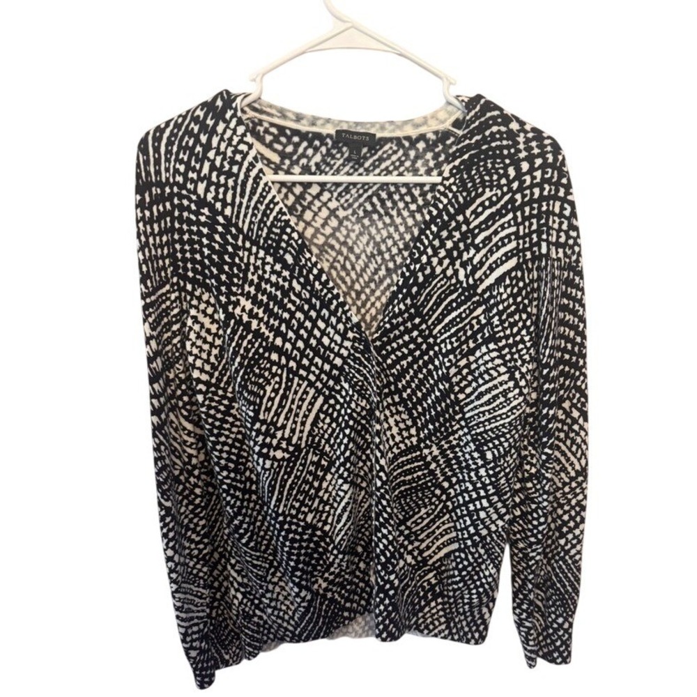 Talbots Women's L Black White Pattern Long Sleeve‎ Surplice Cardigan
